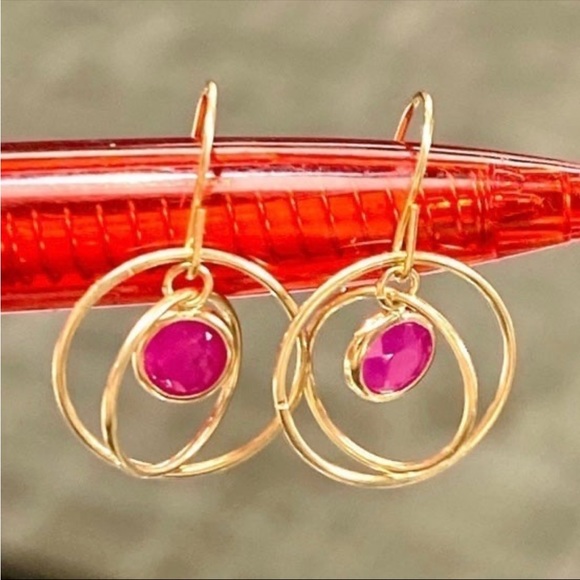 10k Yellow Gold 2 Carat Ruby Orbiting Dangle Saturn Spinning Drop Earrings - Picture 5 of 12